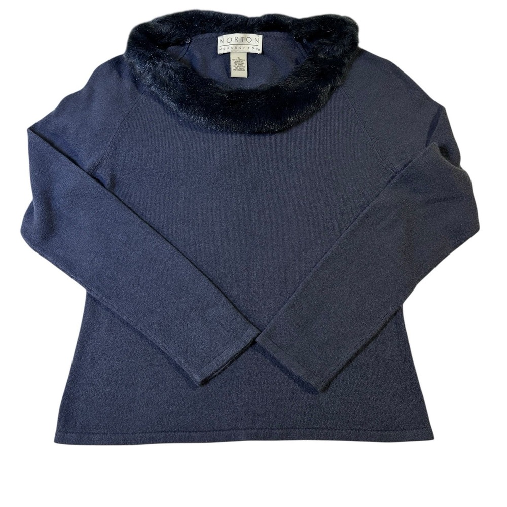 Norton McNauchton‎ Women's Long Sleeve Dusty Blue Fur Collared Sweater Size S